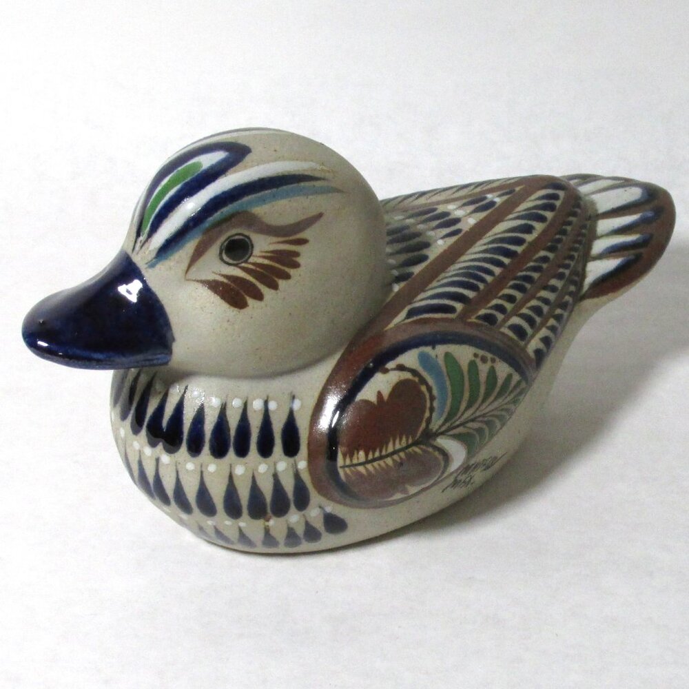 Hand Painted Tonala Mexican Pottery Intricately Designed Duck Signed.